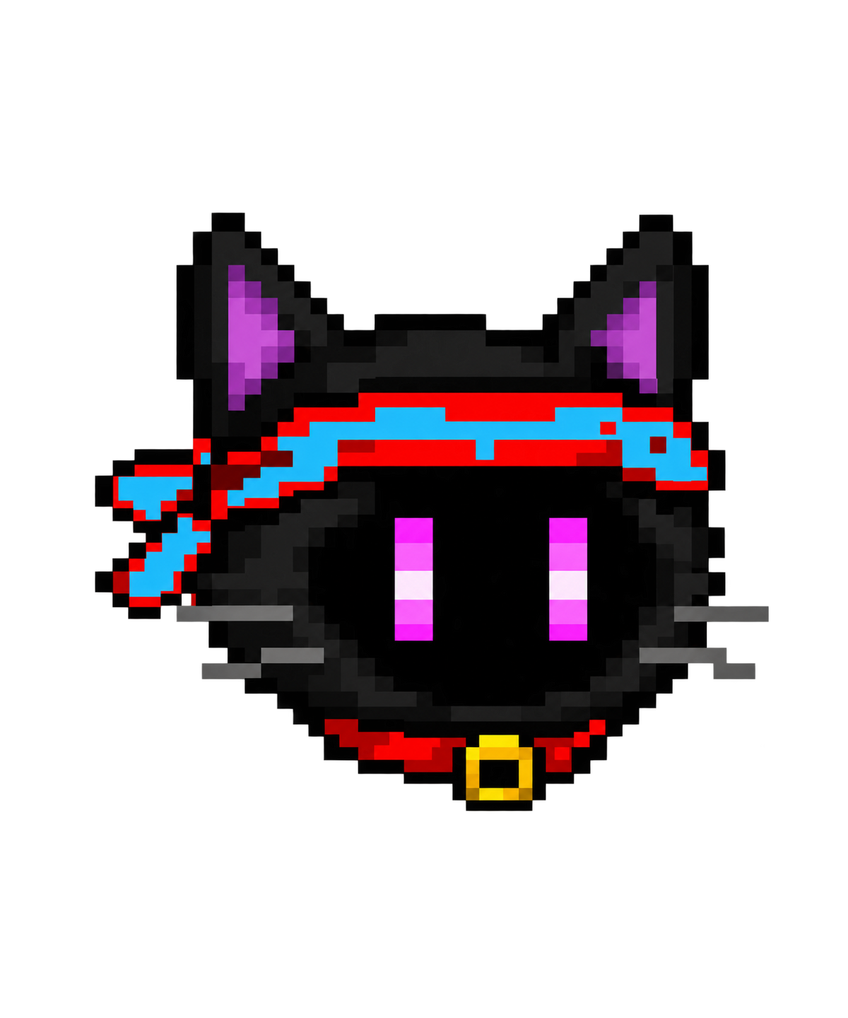 CannaCat Ninja pixel art cat head with red-blue headband design on t-shirt