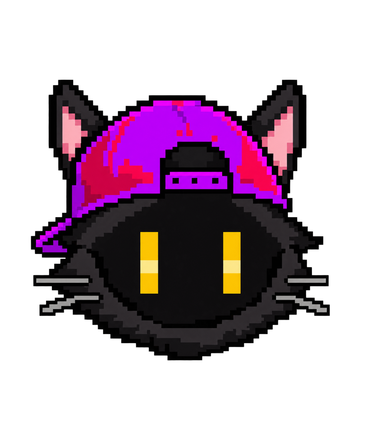 CannaCat Purple Hat pixel art cat head with backward snapback design on t-shirt