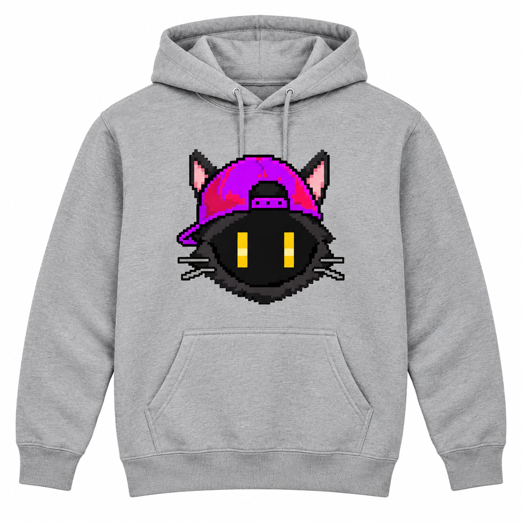 CannaCat Purple Hat Hoodie on grey hoodie mockup