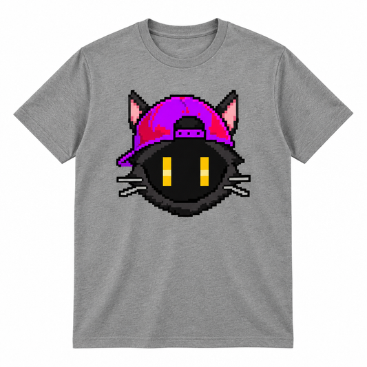 CannaCat Purple Hat Tee on grey t-shirt mockup